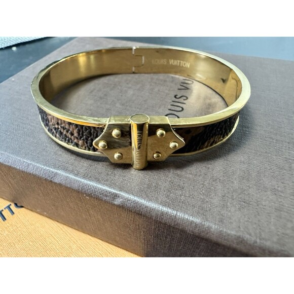 Louis Vuitton Trunk Hinge Brown Monogram Gold Plate Logo Bangle Bracelet